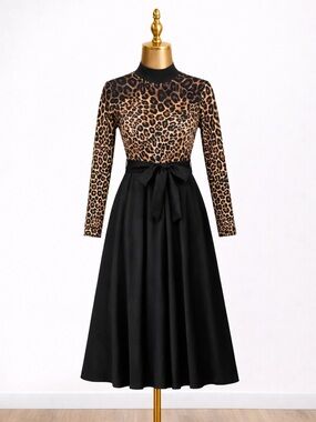 Anewsta Elegant Leopard and Black Long Sleeve Dress